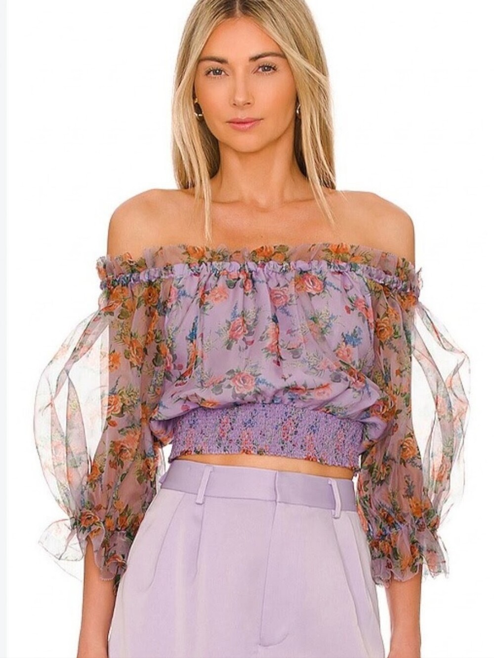 Alice + Olivia Caprina Floral Express Lavender Silk Off-Shoulder Crop Top Size M